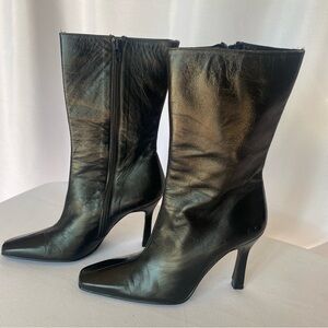 Black Leather mid calfhgh heeled boots